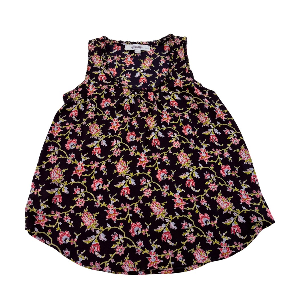 LOFT Petites XXSP Sleeveless Floral Blouse Ruffle Neck Pleated‎ Navy Pink Top